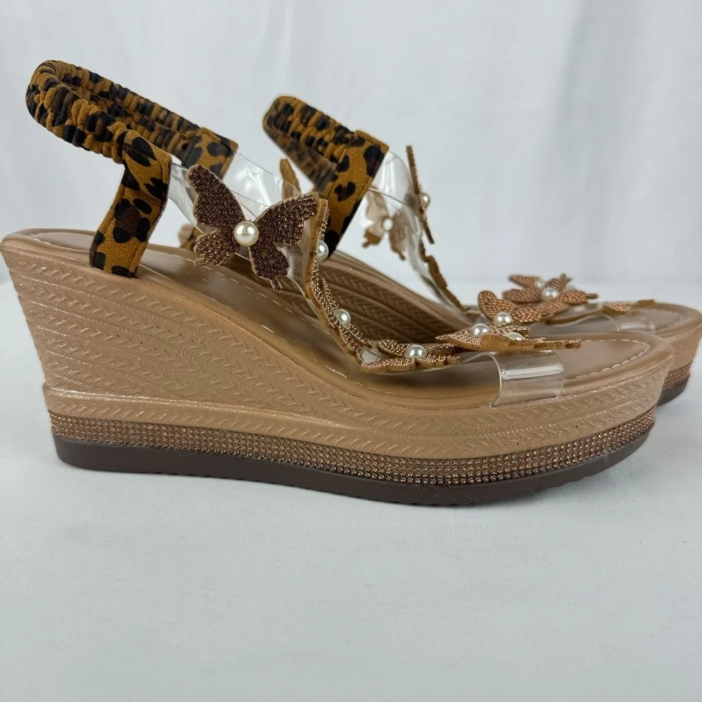 TEMU Branded Tan Wedges with Butterfly Straps